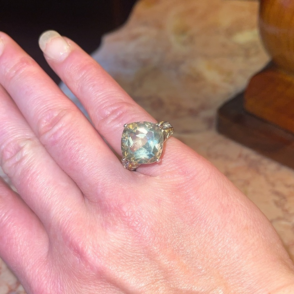 Sterling Two-Tone Cushion Cut Heliodor Ring